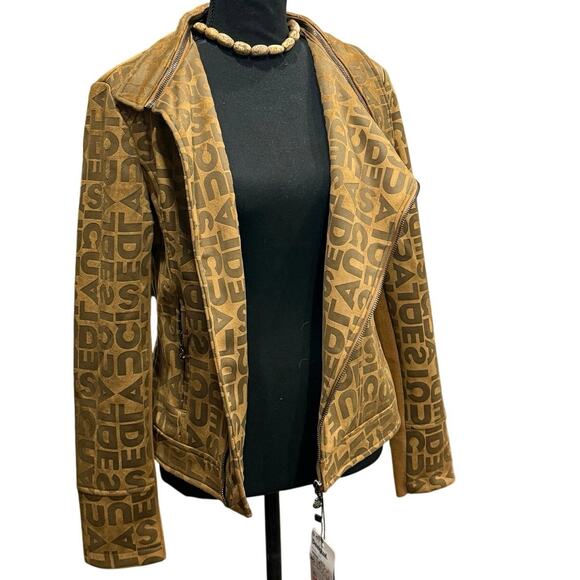NWT Desigual Chaq_Lou Brown Logo Print Faux Suede Moto Jacket Size 40 (M) - Picture 3 of 16